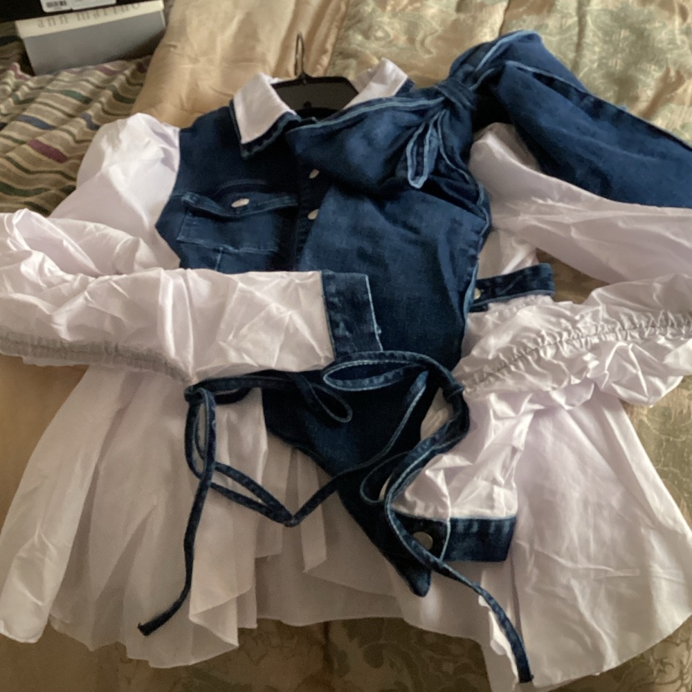AKIRA Denim and White Blouse